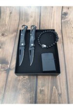 2 Figürlü Katlanabilir Çakı Benzinli Çakmak Ve Doğal Taş Bileklik Hediye Kutusunda - Görsel 2