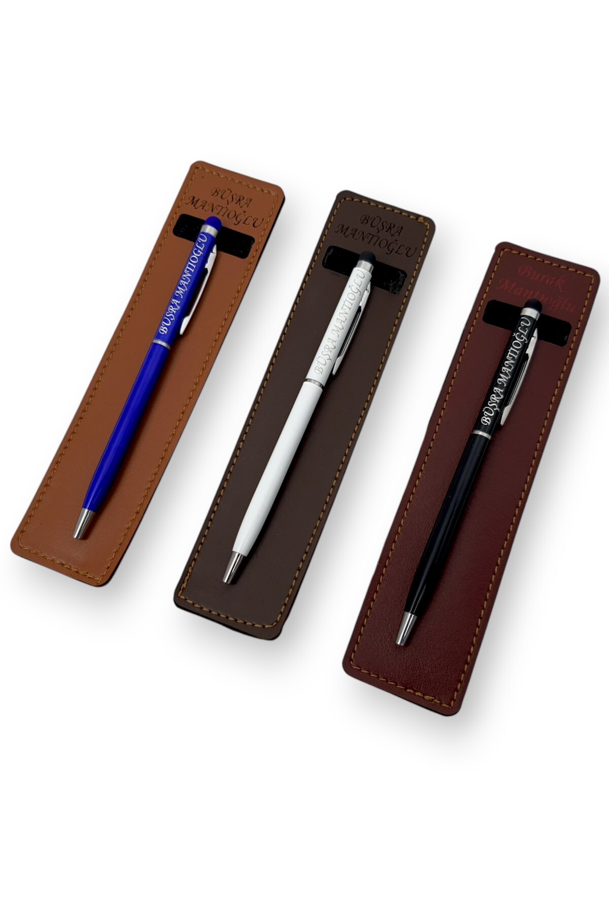1_org_zoom Öğretmenler Günü Hediyesi 3'lü İsme Özel Slim Touch Pen Tükenmez Kalem El Yapımı Deri Kalem Kılıflı - Görsel 1